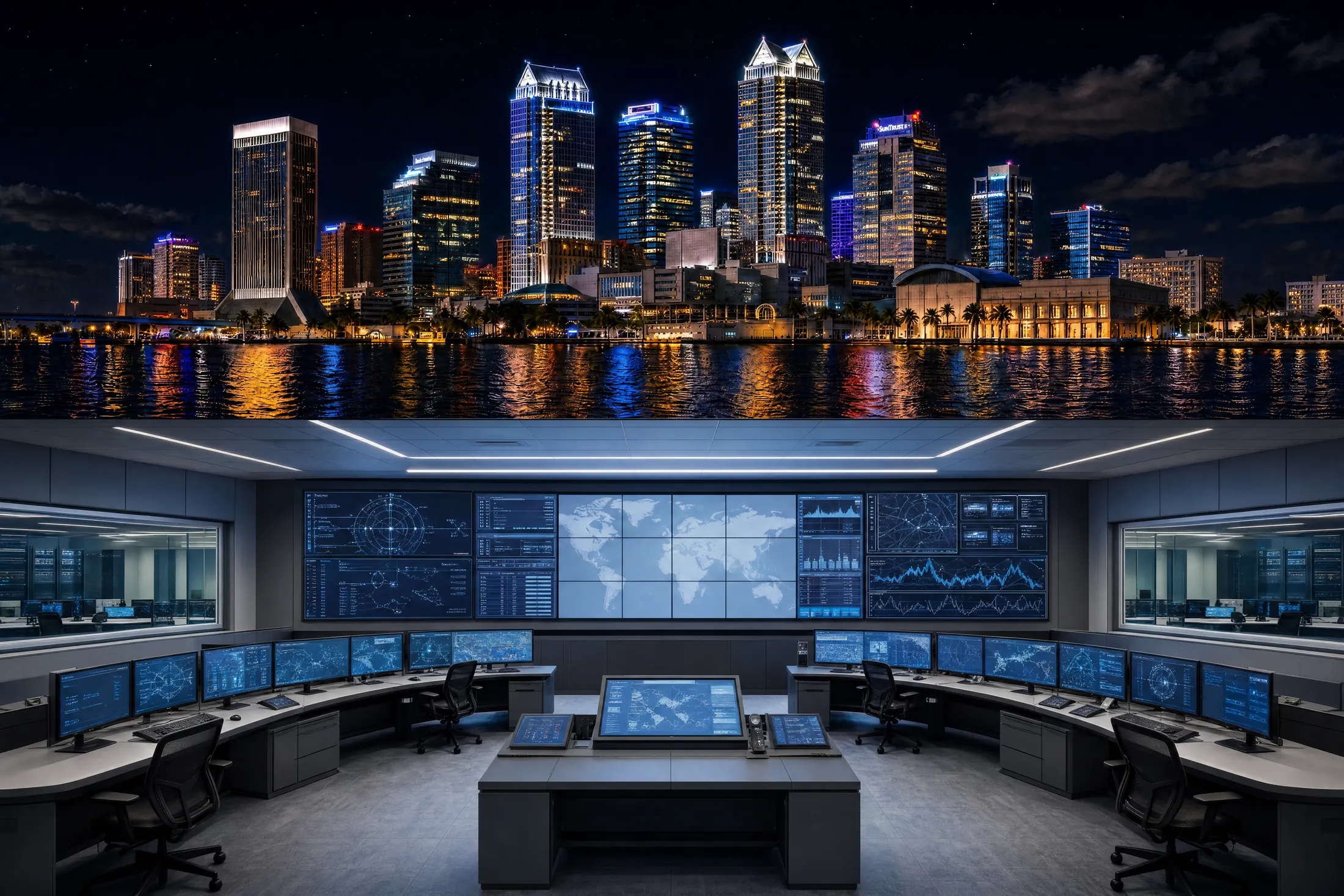 The Tampa waterfront skyline at night, tower lights reflecting in the bay, above a section cut revealing a mission operations center — a curved video wall of dashboards and a world map over rows of operator consoles.