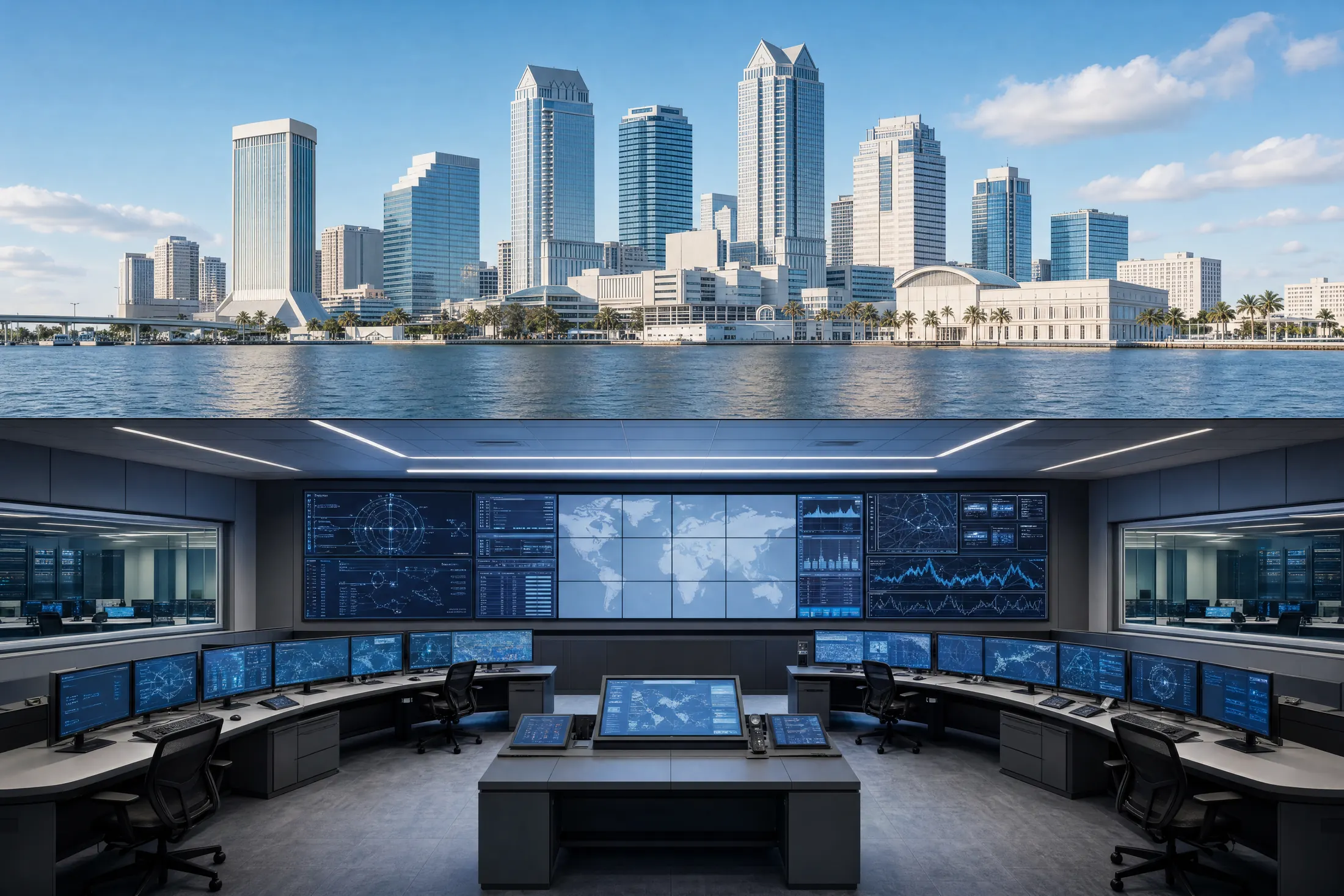 The Tampa waterfront skyline in daylight above a section cut revealing a mission operations center — a curved video wall of dashboards and a world map over rows of operator consoles.
